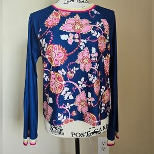 Johnny Was Active Kimono Sleeve Swing Tee Womens S Blue Floral